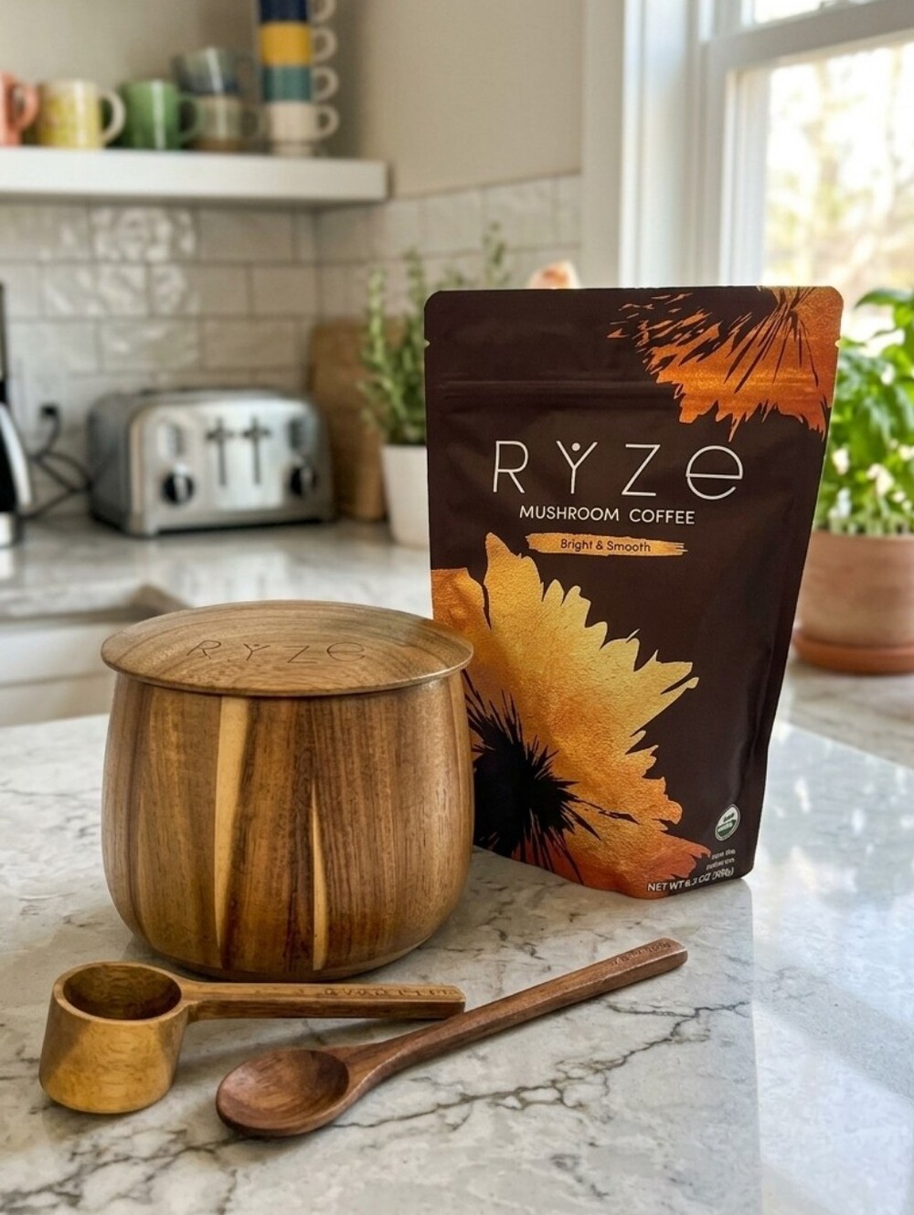 Mushroom Coffee - Bright & Smooth With Gorgeous Acacia Wood Jar And Spoons